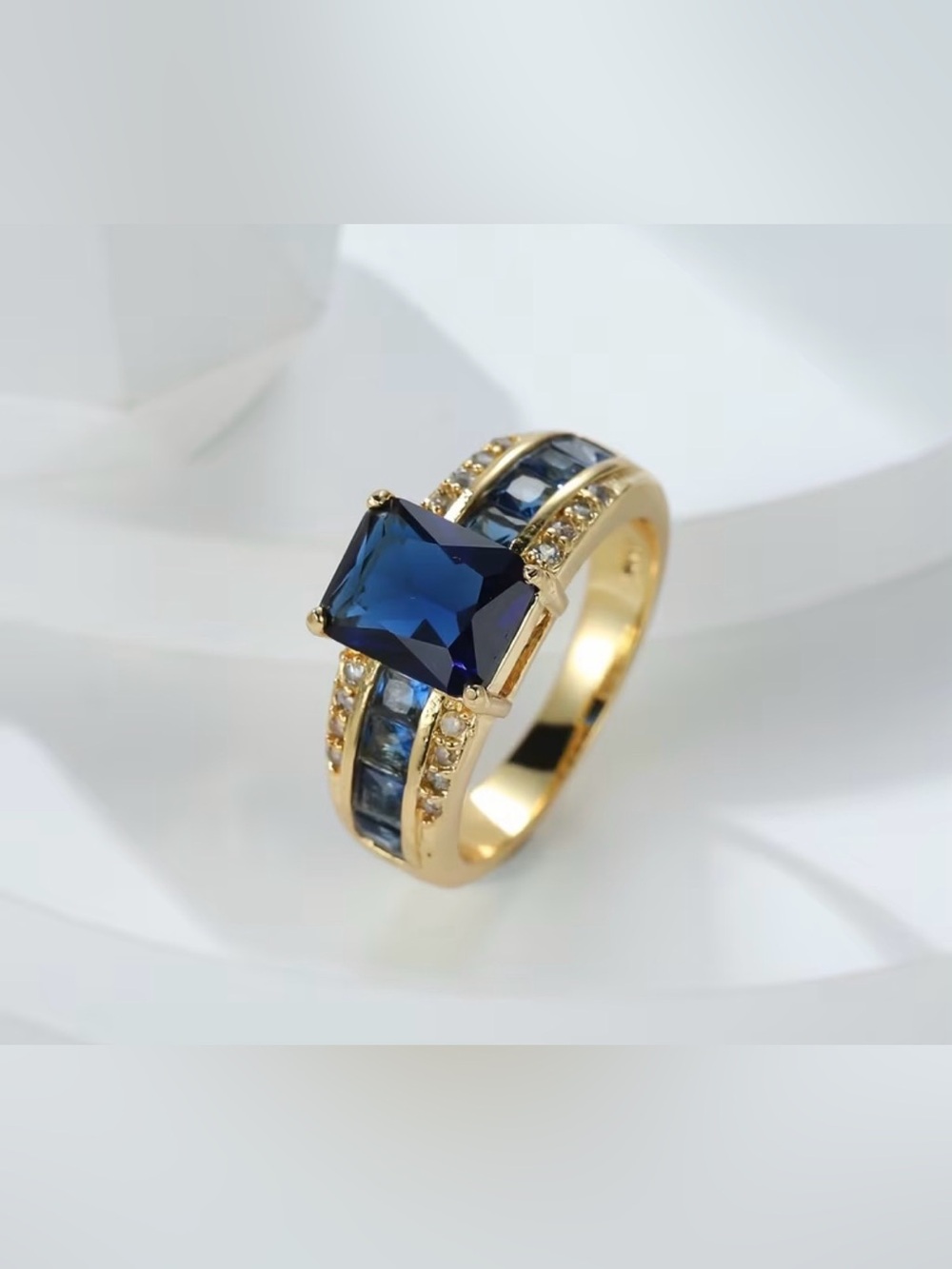 Gold-Plated Blue Sapphire Ring with Clear Accent Stones